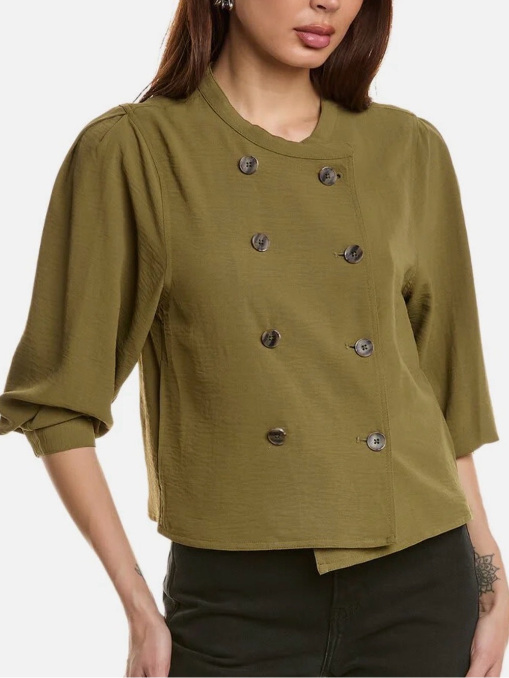 Vince Camuto Olive Green Double Breasted Cropped Jacket Top Size Small